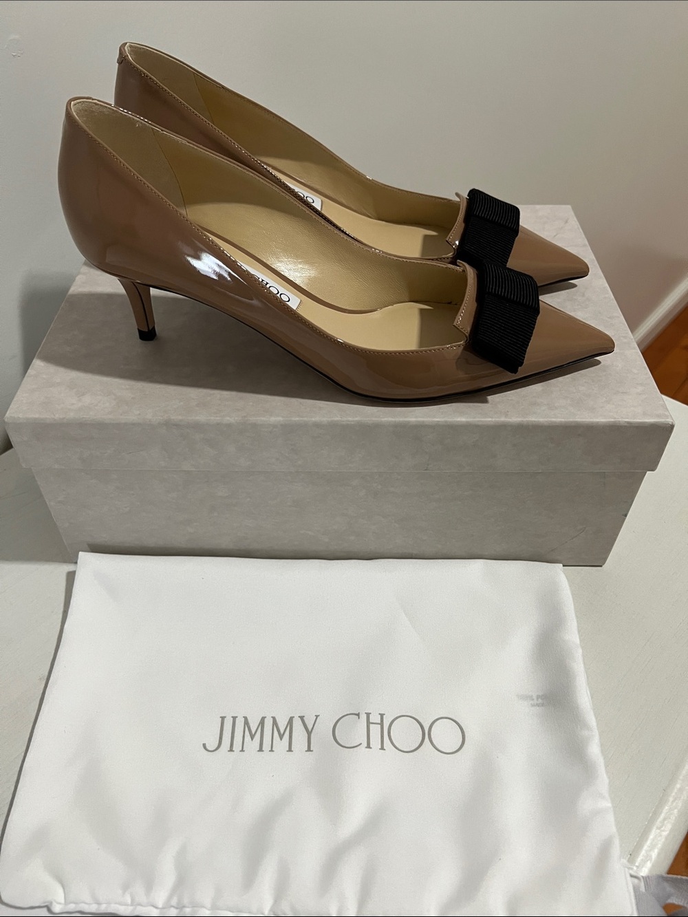 Jimmy Choo Taupe Patent Leather Pointed Toe Pumps with Black Bow